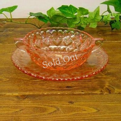 画像1: ピンクガラススープ碗皿　ハート：：昭和レトロ