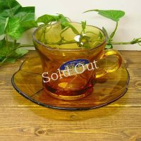 レトロガラスコーヒー碗皿・アンバー/花型：：昭和レトロ