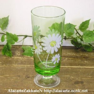 画像1: グリーンーガラス台付グラスのばな　：：昭和レトロ (1)